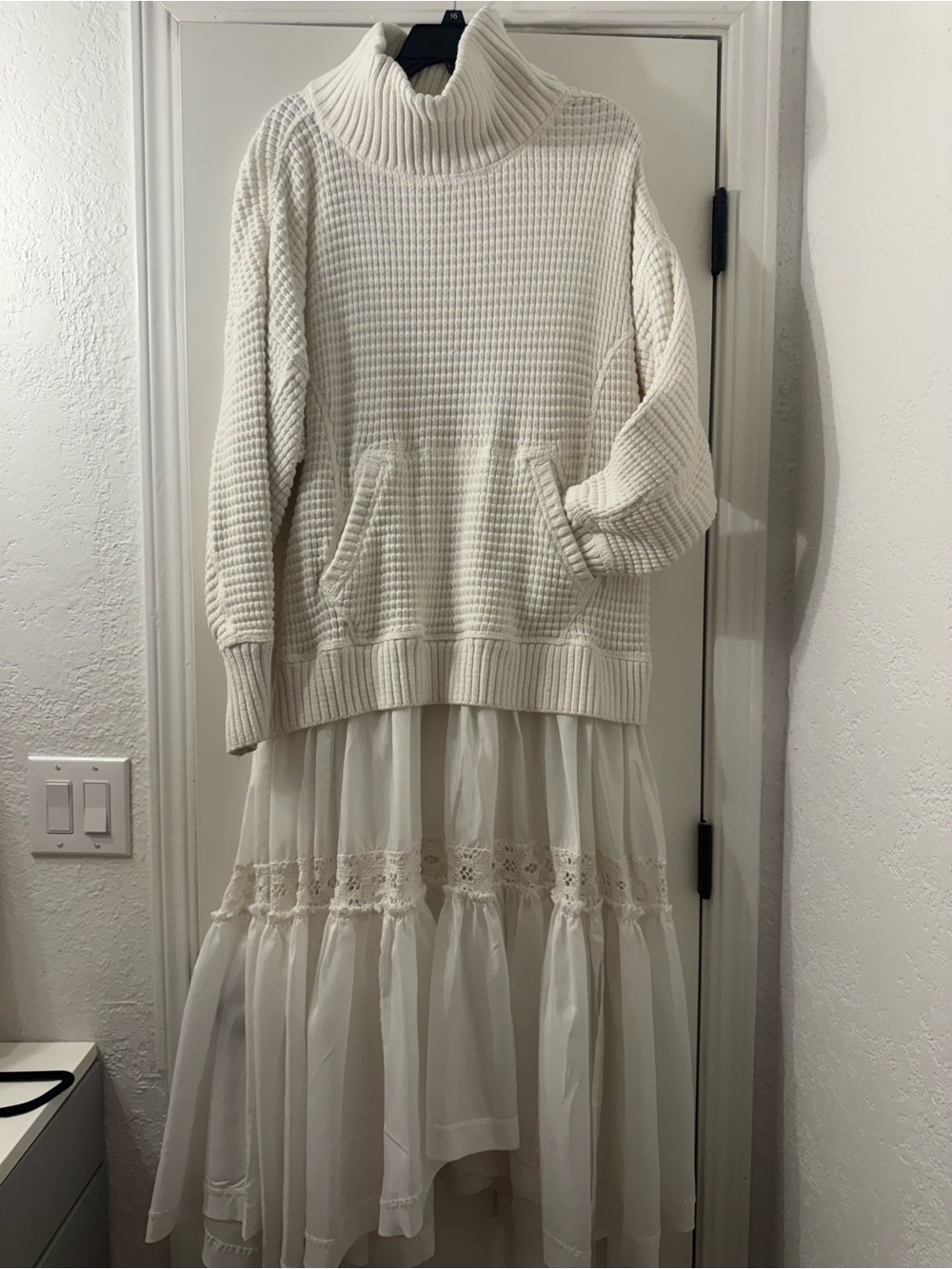 Anthropologie Women's Cream Turtleneck Sweater Dress with Skirt Overlay
